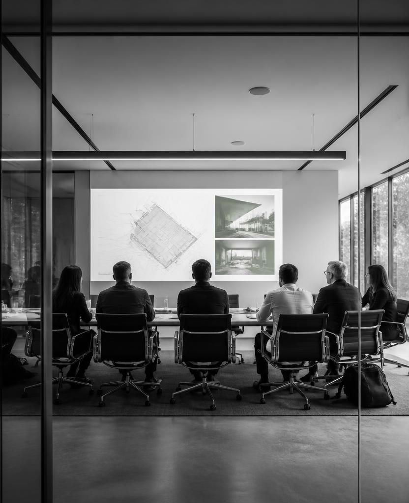 Architecture council reviewing platform topology in a glass boardroom