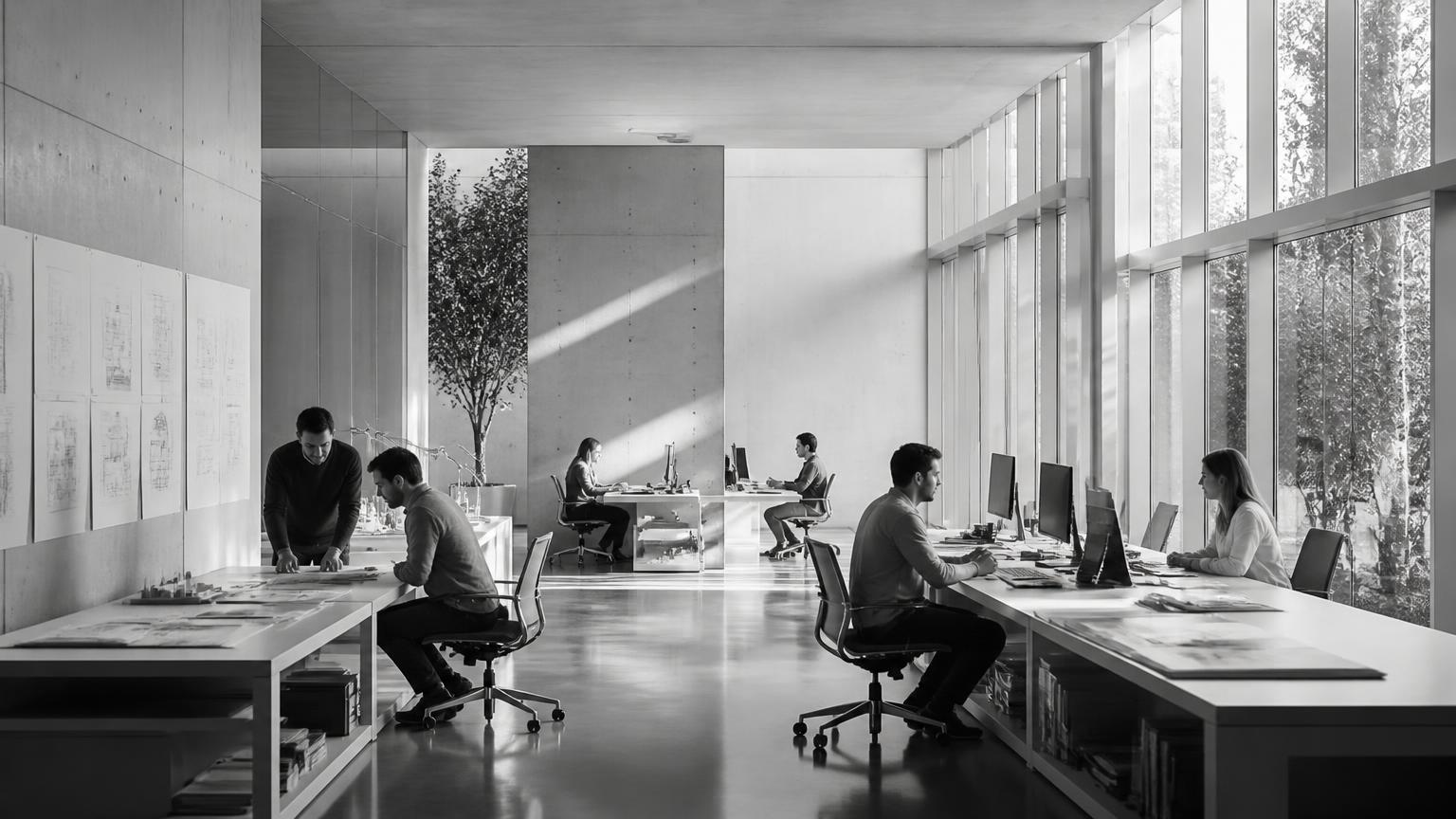 Engineers working at long desks in the AisonLabs studio