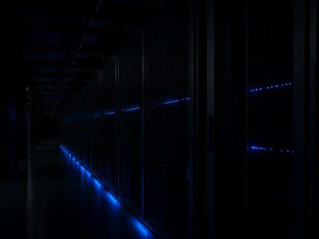 Dark data centre corridor lit by blue rack indicators